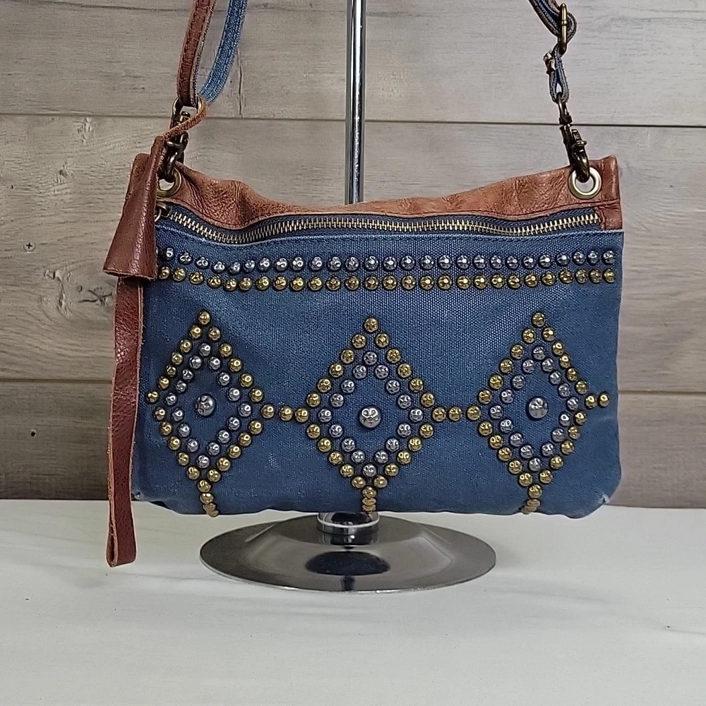 Lucky Brand Coated Canvas and Brown Leather Studded Shoulder Bag